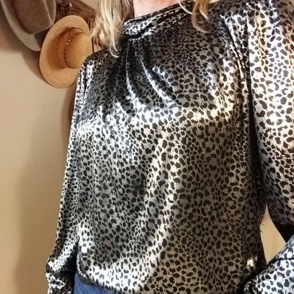 Vintage Blouse Black silver Metallic High Neck - Picture 3 of 8